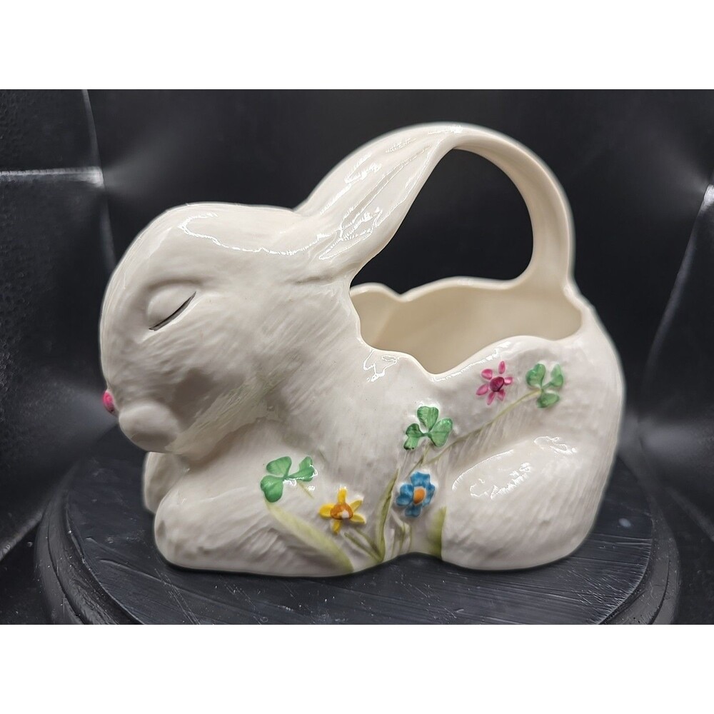 Vtg  Belleek Sleeping  Rabbit Basket Clover Shamrock Flowers Garden  Easter